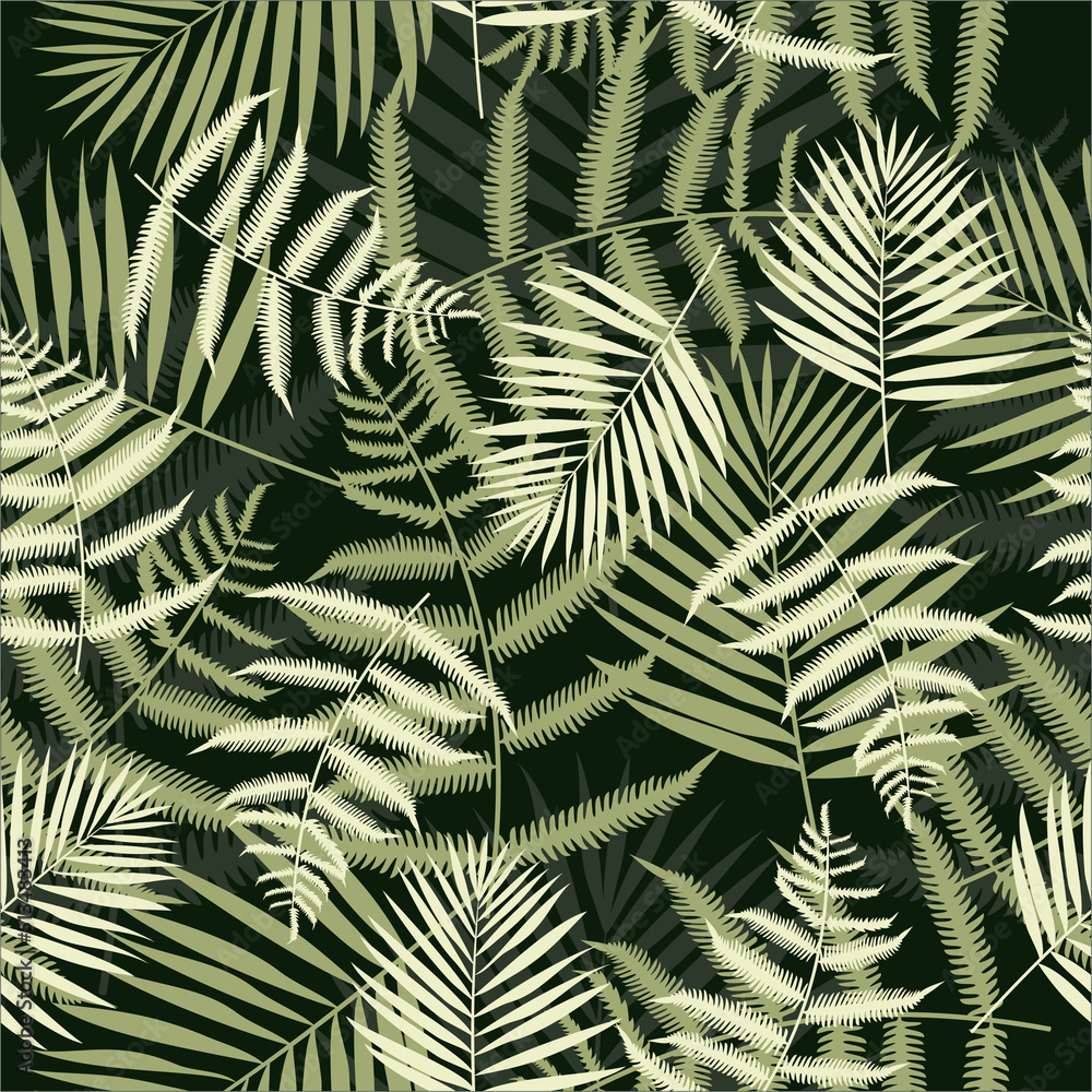 Pattern of palm and fern leaves in green colors