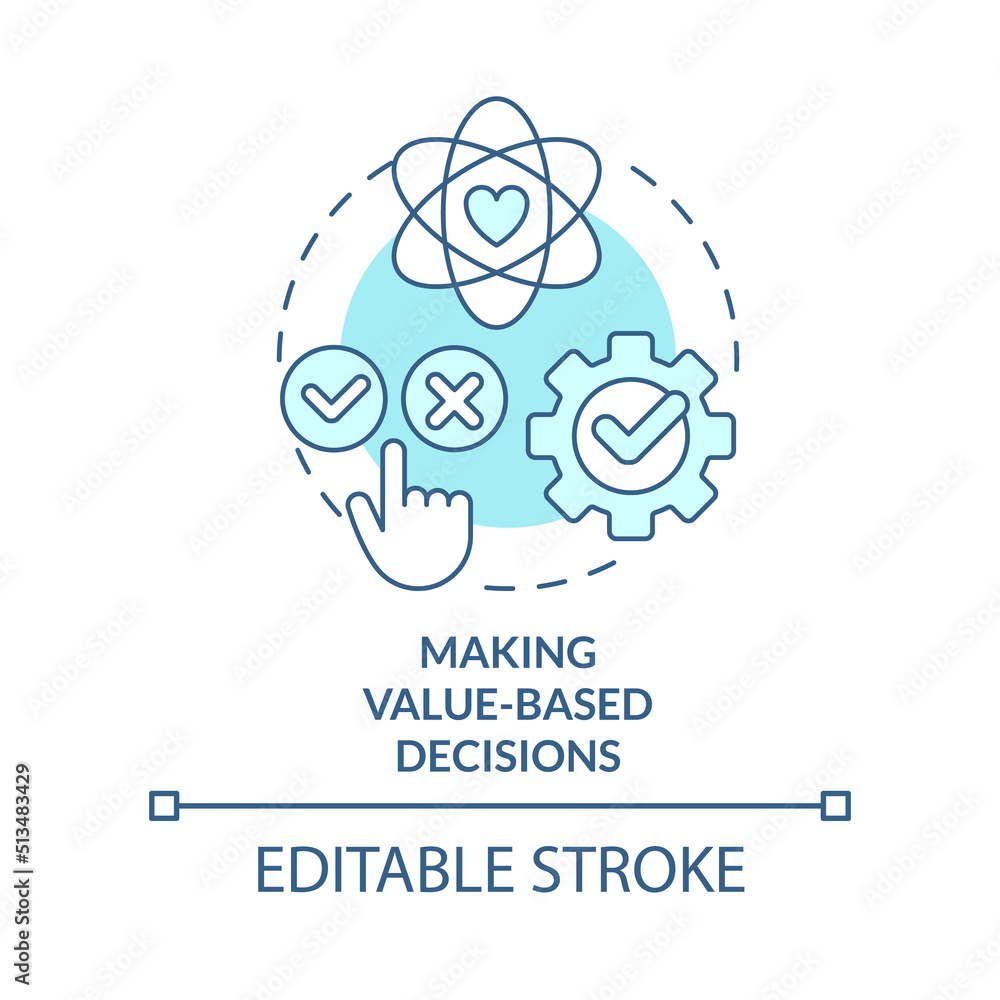 Making value-based decisions turquoise concept icon. Self-management skill abstract idea thin line illustration. Isolated outline drawing. Editable stroke. Arial, Myriad Pro-Bold fonts used Making value-based decisions turquoise concept icon. Self-management skill abstract idea thin line illustration. Isolated outline drawing. Editable stroke. Arial, Myriad Pro-Bold fonts used