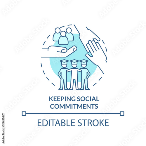 Keeping social commitments turquoise concept icon. Relationship building abstract idea thin line illustration. Isolated outline drawing. Editable stroke. Arial, Myriad Pro-Bold fonts used
