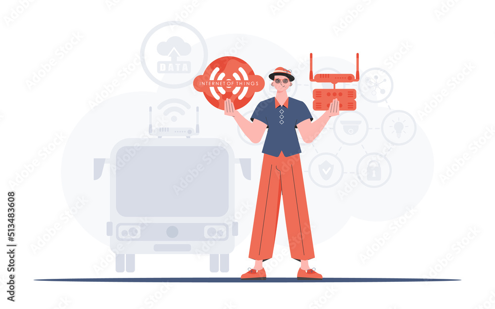 Internet of things concept. A man holds the internet of things logo in her hands. Router and server. Good for presentations and websites. Vector illustration in flat style. Internet of things concept. A man holds the internet of things logo in her hands. Router and server. Good for presentations and websites. Vector illustration in flat style.