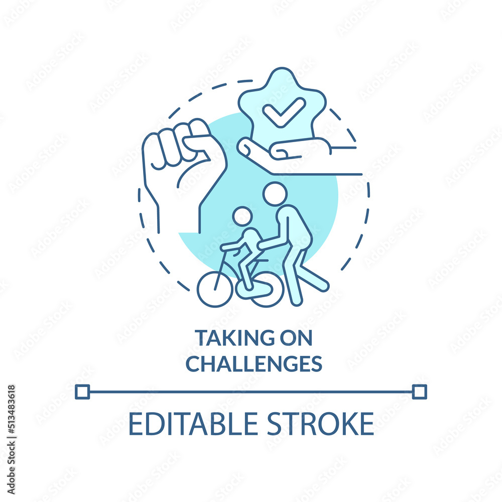 Taking on challenges turquoise concept icon. Life skill for kid abstract idea thin line illustration. Overcome obstacles. Isolated outline drawing. Editable stroke. Arial, Myriad Pro-Bold fonts used Taking on challenges turquoise concept icon. Life skill for kid abstract idea thin line illustration. Overcome obstacles. Isolated outline drawing. Editable stroke. Arial, Myriad Pro-Bold fonts used