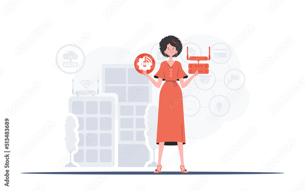 Internet of things and automation concept. A woman is holding an internet thing icon in her hands. Router and server. Good for presentations and websites. Vector illustration in flat style. Internet of things and automation concept. A woman is holding an internet thing icon in her hands. Router and server. Good for presentations and websites. Vector illustration in flat style.