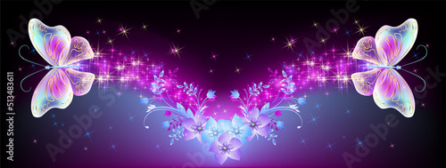 Magic butterflies with fantasy sparkle and blazing trail and stars on night sky background