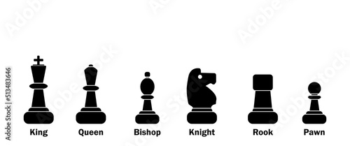 Chess icons. Black silhouettes isolated on white background. Board game. Stock Vector illustration.
