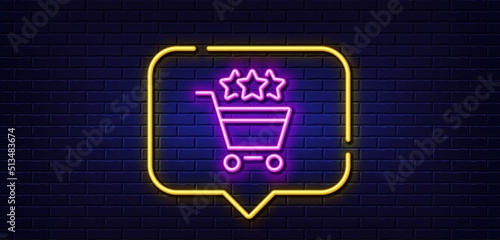 Neon light speech bubble. Shopping cart stars rating line icon. Customer rank sign. Supermarket ranking symbol. Neon light background. Shopping rating glow line. Brick wall banner. Vector