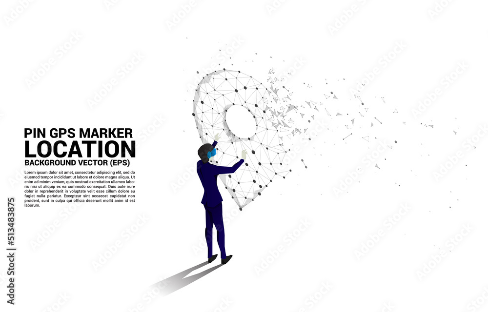 Silhouette man wear VR glasses with location pin. Concept of digital virtual reality technology and AR . Silhouette man wear VR glasses with location pin. Concept of digital virtual reality technology and AR .