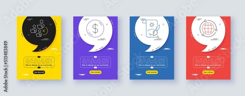 Set of Dollar money, Remove team and Creative painting line icons. Poster offer frame with quote, comma. Include Globe icons. For web, application. Currency, Networking, Graphic art. Vector