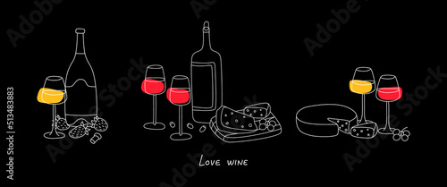 Set of sweet, dry red and white wine bottle and glasses with wooden plate with cheese, grape, olives, strawberry. Wine lovers quote. Traditional wine snacks. Menu design.Vector outlines illustration