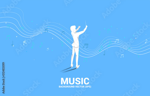 Vector silhouette of conductor standing with flying music note . Concept background for orchestra concert and recreation.