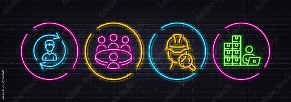 Inspect, Meeting and Human resources minimal line icons. Neon laser 3d lights. Inventory icons. For web, application, printing. Builder review, Human resource, Update profile. Goods operator. Vector Inspect, Meeting and Human resources minimal line icons. Neon laser 3d lights. Inventory icons. For web, application, printing. Builder review, Human resource, Update profile. Goods operator. Vector