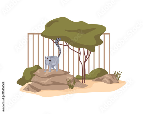 Lemur in nature reserve or African zoological park. Exotic animals, flora and fauna forming habitat. Wildlife of Africa climate, menagerie ecosystem. Flat cartoon, vector illustration
