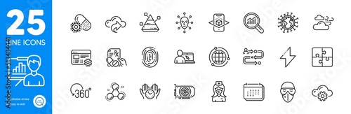 Outline icons set. Face biometrics, Calendar and Nurse icons. Fingerprint, Windy weather, Data analysis web elements. Gpu, Augmented reality, Prescription drugs signs. Pyramid chart. Vector