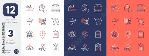 Set of Sale bags, Report and Deluxe mattress line icons. Include Windy weather, Fingerprint research, Loan percent icons. Approved, Teamwork, Arena stadium web elements. Clipboard. Vector