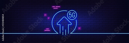 Neon light glow effect. 5g upload speed line icon. Wireless technology sign. Mobile wifi internet symbol. 3d line neon glow icon. Brick wall banner. 5g upload outline. Vector