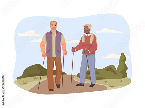 Old man and woman walking with scandinavians sticks. Elderly people doing exercises, nordic walking with special poles. Healthy lifestyle, leisure time, outdoor sport in old age. Vector illustration