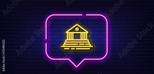 Neon light speech bubble. Court building line icon. City architecture sign. Courthouse, government symbol. Neon light background. Court building glow line. Brick wall banner. Vector