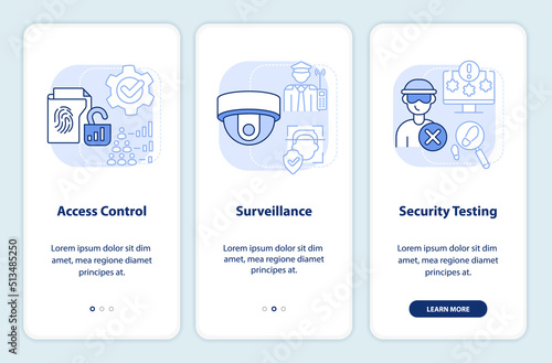 Physical security light blue onboarding mobile app screen. Protection walkthrough 3 steps editable graphic instructions with linear concepts. UI, UX, GUI template. Myriad Pro-Bold, Regular fonts used