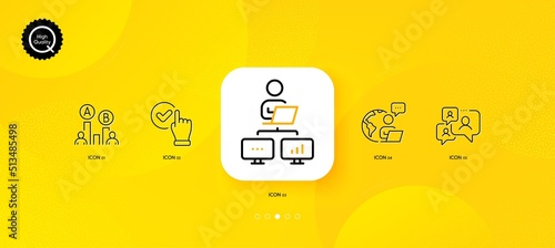 Outsource work, Support chat and Ab testing minimal line icons. Yellow abstract background. Work home, Checkbox icons. For web, application, printing. Remote worker, Comment bubble, Test chart. Vector