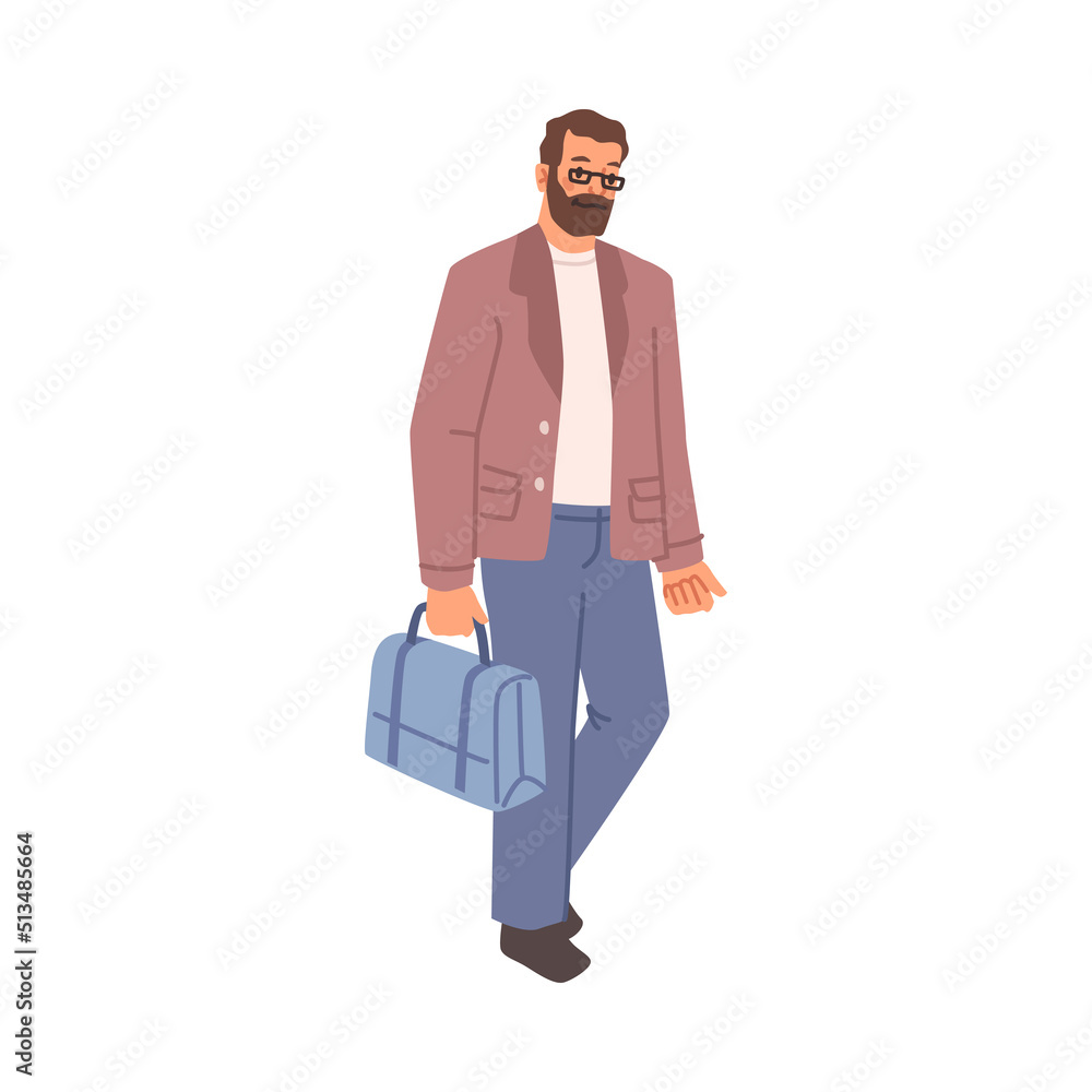 Bearded man in casual cloth walking with briefcase. Vector illustration of flat cartoon character executive worker or businessman with bag, young successful person Bearded man in casual cloth walking with briefcase. Vector illustration of flat cartoon character executive worker or businessman with bag, young successful person