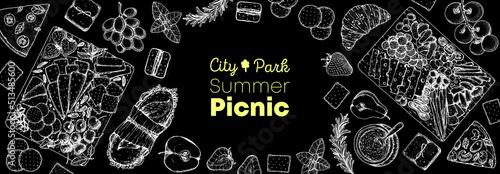 Picnic food top view. Hand drawn vector illustration. Food and drink sketch. Antipasti, pizza, sandwich, fruits, snacks for lunch or dinner. Summer Food top view frame.