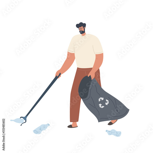Volunteer collecting litter into trash bag. Activist picking up garbage