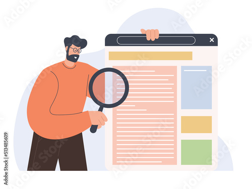 Web analysis and CEO concept. Person checking, analyzing SERPs with magnifying glass