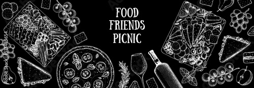 Picnic food top view. Hand drawn vector illustration. Food and drink sketch. Antipasti, pizza, sandwich, fruits, snacks for lunch or dinner. Summer Food top view frame.