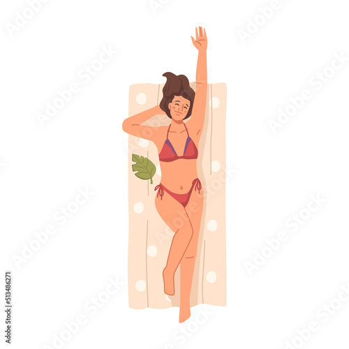 Young woman in bikini swimsuit sunbathing on towel at beach, flat cartoon character. Vector top view of lying suntanning girl, summer vacation holidays, relax at seaside