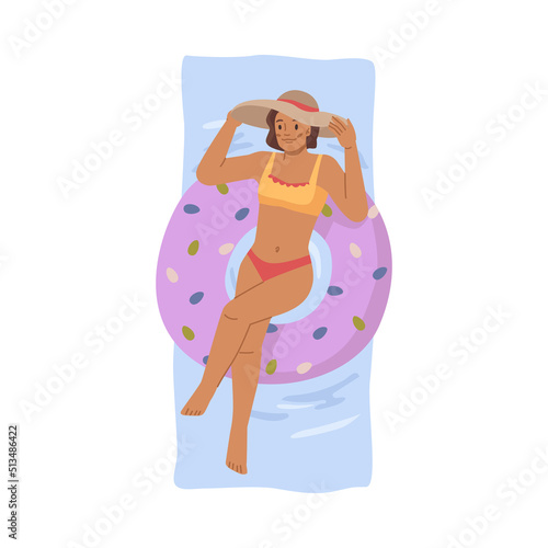 Young woman in bikini swimsuit sunbathing on inflatable circle at pool or in sea or ocean water, flat cartoon. Vector top view of lying suntanning girl, summer holidays