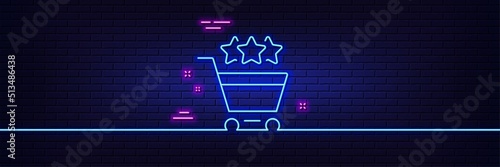 Neon light glow effect. Shopping cart stars rating line icon. Customer rank sign. Supermarket ranking symbol. 3d line neon glow icon. Brick wall banner. Shopping rating outline. Vector