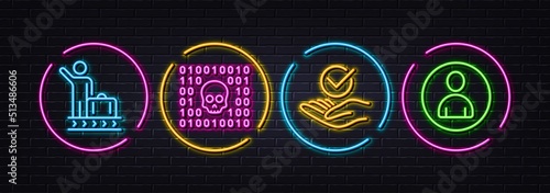 Binary code, Approved and Luggage belt minimal line icons. Neon laser 3d lights. Avatar icons. For web, application, printing. Cyber phishing, Verified symbol, Arrival baggage. User profile. Vector
