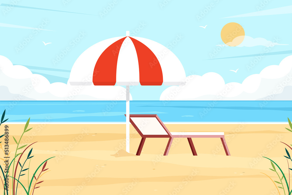 Beach background with seascape, beach chair and parasol. Flat design vector illustration. 