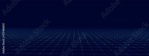 Wireframe landscape. Vector perspective grid. Digital space. Blue mesh on a black background. © Flow 37