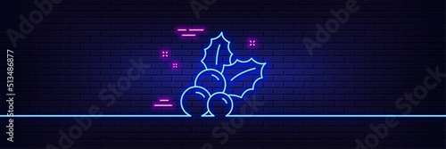 Neon light glow effect. Christmas holly line icon. Ilex aquifolium sign. 3d line neon glow icon. Brick wall banner. Christmas holly outline. Vector