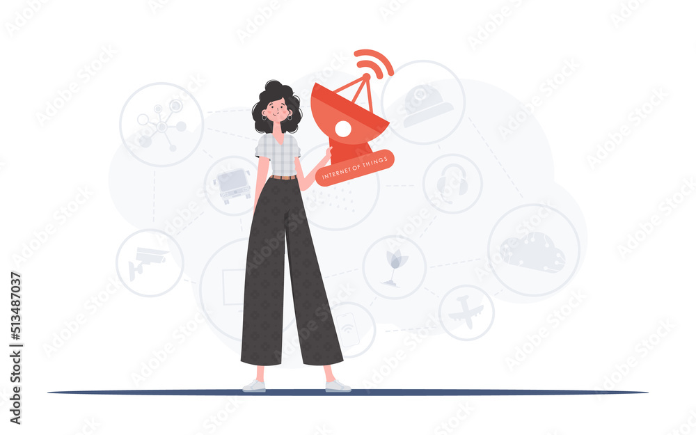 A woman holds a satellite dish in her hands. Internet of things concept. Good for presentations, websites and typography. Vector illustration in trendy flat style. A woman holds a satellite dish in her hands. Internet of things concept. Good for presentations, websites and typography. Vector illustration in trendy flat style.