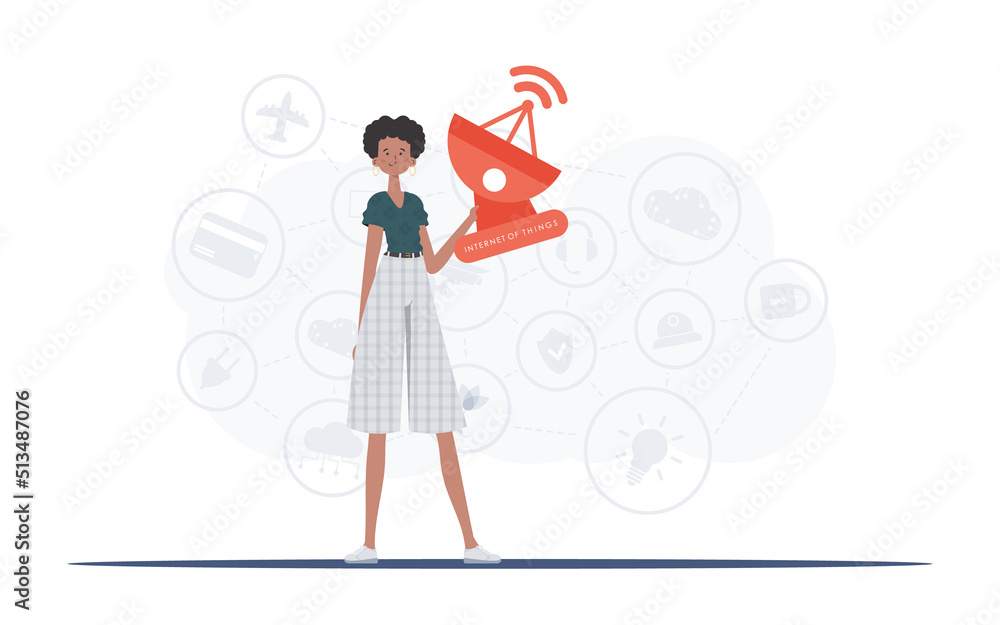 A woman holds a satellite dish in her hands. Internet of things concept. Good for presentations and websites. Vector illustration in trendy flat style. A woman holds a satellite dish in her hands. Internet of things concept. Good for presentations and websites. Vector illustration in trendy flat style.