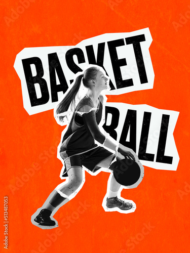Magazine style poster with young female basketball player in action, motion isolated on orange background with lettering. Concept of sport, movement, competition