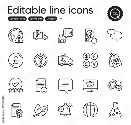 Set of Business outline icons. Contains icons as Rating stars, Coupons and Truck parking elements. Money currency, Chemistry lab, Leaf web signs. Pound money, Globe, Wallet elements. Vector