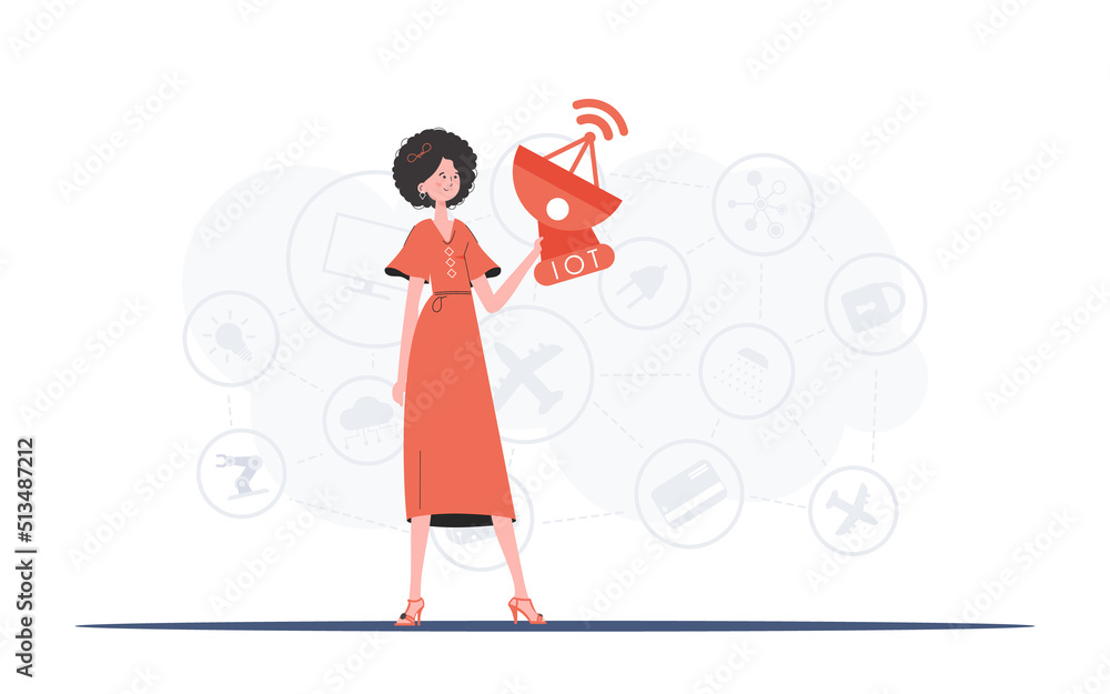A woman holds a satellite dish in her hands. Internet of things concept. Good for presentations and websites. Vector illustration in flat style. A woman holds a satellite dish in her hands. Internet of things concept. Good for presentations and websites. Vector illustration in flat style.