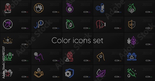 Set of Pets care, Clean hands and Dont touch line icons. Include Coronavirus, Medical syringe, Face id icons. Do not touch, Cardio training, Veterinary clinic web elements. Bio tags. Vector