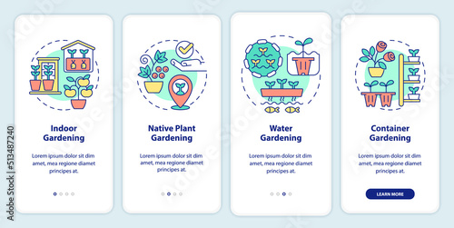 Gardening types onboarding mobile app screen. Planting definitions walkthrough 4 steps editable graphic instructions with linear concepts. UI, UX, GUI template. Myriad Pro-Bold, Regular fonts used