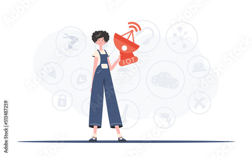 A woman holds a satellite dish in her hands. IoT concept. Good for presentations, websites and typography. Vector illustration in trendy flat style.