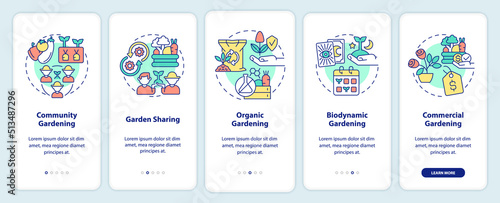Types of gardening onboarding mobile app screen. Horticulture style walkthrough 5 steps editable graphic instructions with linear concepts. UI, UX, GUI template. Myriad Pro-Bold, Regular fonts used