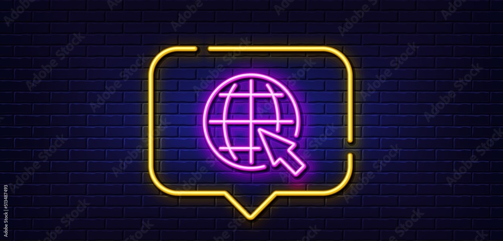 Neon light speech bubble. Globe with mouse cursor line icon. World or Earth sign. Global Internet symbol. Neon light background. Internet glow line. Brick wall banner. Vector Neon light speech bubble. Globe with mouse cursor line icon. World or Earth sign. Global Internet symbol. Neon light background. Internet glow line. Brick wall banner. Vector