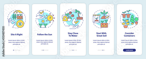 Gardening tips onboarding mobile app screen. Successful planting walkthrough 5 steps editable graphic instructions with linear concepts. UI, UX, GUI template. Myriad Pro-Bold, Regular fonts used