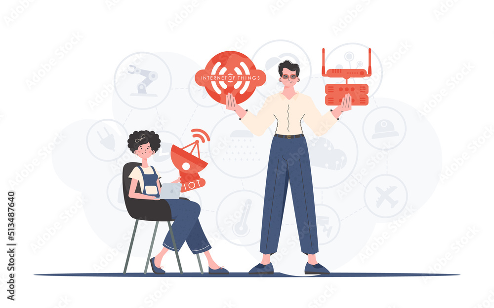 Internet of things and automation concept. The girl and the guy are a team in the field of Internet of things. Good for presentations and websites. Vector illustration in flat style. Internet of things and automation concept. The girl and the guy are a team in the field of Internet of things. Good for presentations and websites. Vector illustration in flat style.