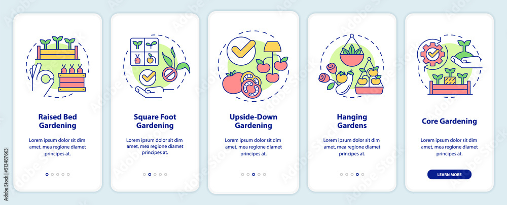 Effective gardening onboarding mobile app screen. Plant care walkthrough 5 steps editable graphic instructions with linear concepts. UI, UX, GUI template. Myriad Pro-Bold, Regular fonts used