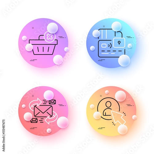User, E-mail and Delete order minimal line icons. 3d spheres or balls buttons. Card icons. For web, application, printing. Project manager, Communication by letters, Clean basket. Bank payment. Vector
