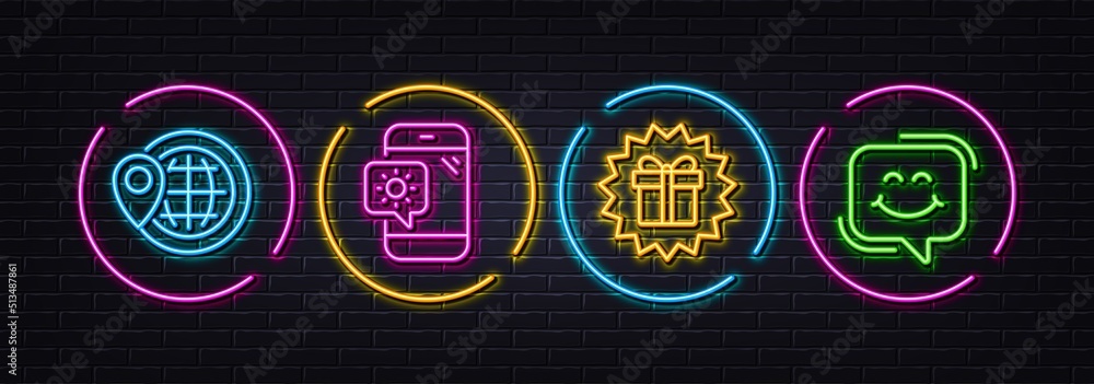 Weather phone, World travel and Surprise gift minimal line icons. Neon laser 3d lights. Smile chat icons. For web, application, printing. Travel device, Map pointer, Shopping offer. Happy face. Vector