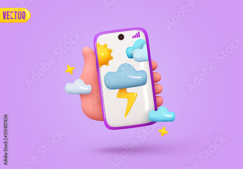 Weather in mobile phone. Online weather app. Hand holding modern smartphone. Creative concept idea. Realistic 3d design. Vector illustration